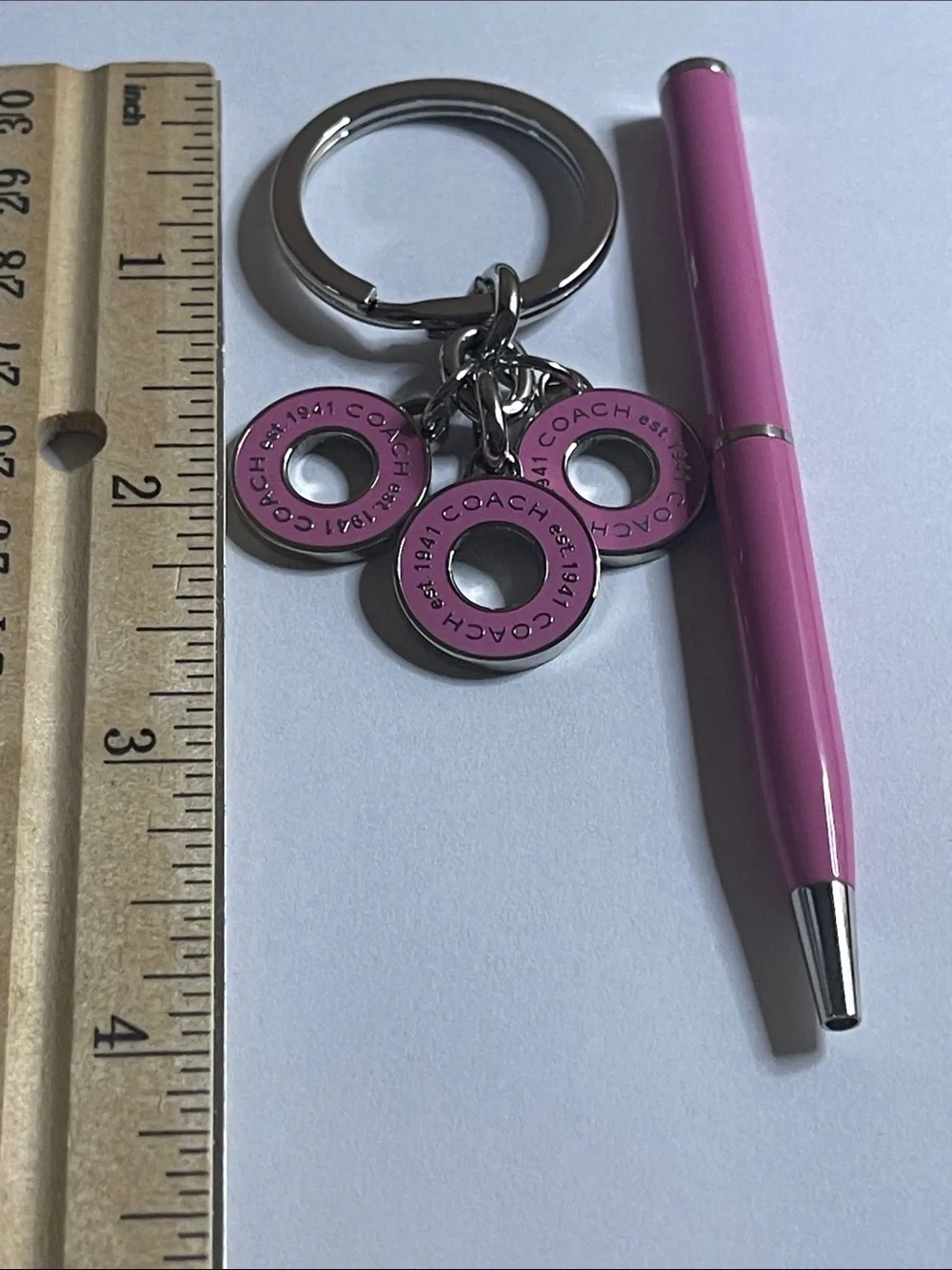 Coach Pink Enamel Triple Disc Keyring Charm and Coach Pen